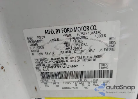 2010 Ford F-150 Fx4/Harley-Davidson/King Ranch/Lariat/Platinum/Xl/Xlt из США, поврежденный, VIN 1FTFW1EVXAFA74897